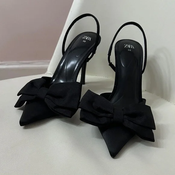 Zara Black Slingback Heels with Bow - Picture 2 of 7